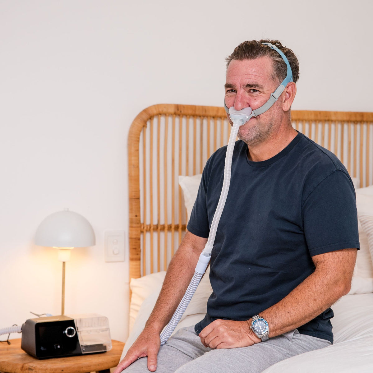 Person wearing BMC N6 Compact Nasal CPAP Mask